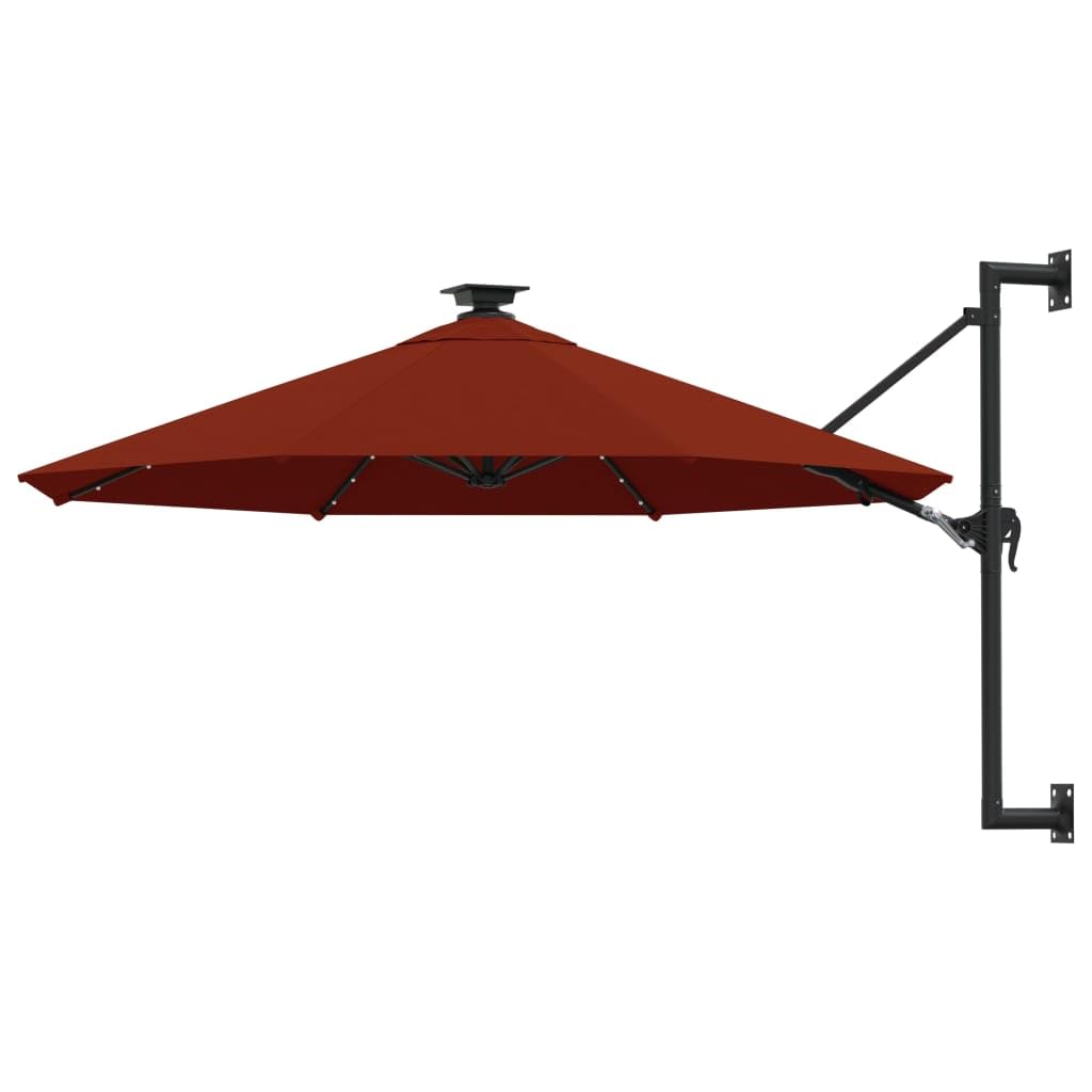 OHOOWOO Sombrilla de pared con LEDs y poste de metal 300 cm terracota,Toldo de pared inclinado con protección UV para jardín y terraza con 28 luces LED Paraguas y sombra