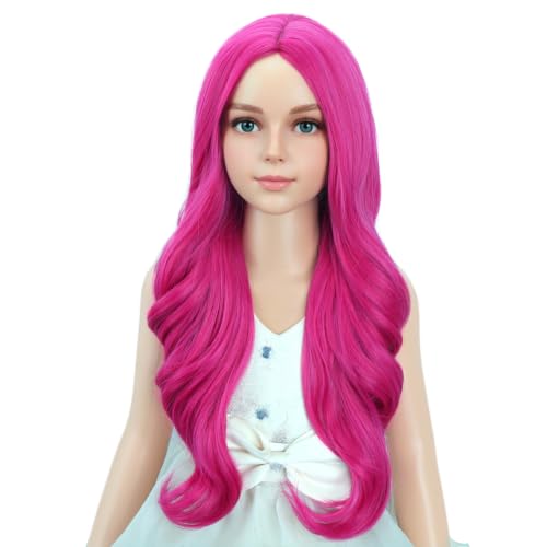 Image of PATTNIUM Hot Pink Wig for Kids Child Long Wavy Curly Wig Girls Neon Pink Wigs Magenta Wigs Rose Pink Cosplay Party Synthetic Hair
