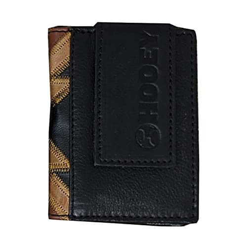 Image of HOOEY Montezuma Men's Leather Bifold Money Clip Wallet - Brown & Black Patchwork Genuine Leather, Slim Western Wallet with ID Window & Card Slots