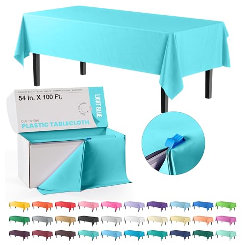 Image of Exquisite Light Blue Plastic 54x100in Table Cover Roll with Built-in Cutter - 100 Feet, Disposable, Waterproof, All-Season, Rectangular