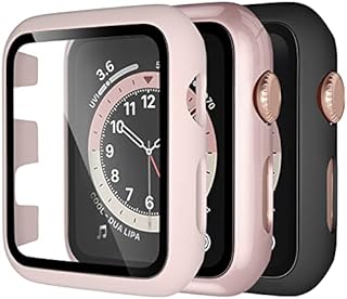 Dirrelo 3 Pack PC Case Compatible with Apple Watch 38mm Series 3/2/1 Tempered Glass Screen Protector, Full Cover All-Around HD Protective Bumper Case for iwatch 3/2/1, White/Pink/Rose gold