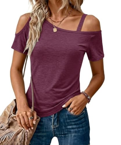 SCHOOLMOON Tee Shirt Femme Été Épaules Dénudées Manches Courtes T-Shirt Décontracté Chic Et Élégant Basique Chemisier Couleur Unie Haut(Violet,S)