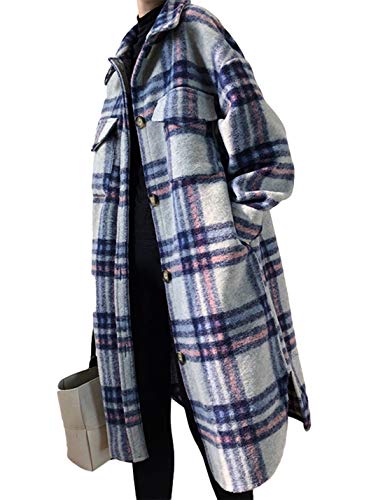 Himosyber Women's Casual Tartan Pattern Lapel Button Woolen Midi Shacket Jacket?Blue-M?
