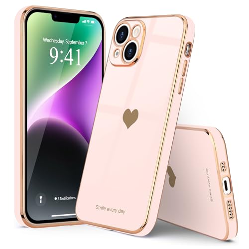 Teageo for iPhone 14 Case for Women Girl Cute Love Heart Luxury Electroplate Plating Soft Bling Back Cover Raised Full Camera Protection Bumper Silicone Shockproof Phone Case for iPhone 14, Light Pink by Teageo - Image 6
