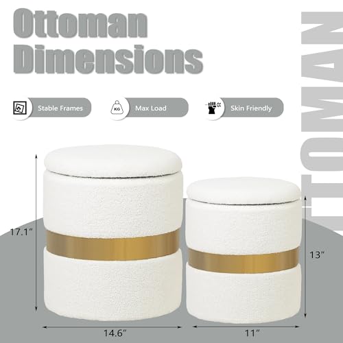 Joveco Round Boucle OttomanOttoman with Storage Set of 2, Velvet Green Ottoman with Gold Metal Band, Upholstered Foot Stools for Home Decor, Large Storage & Space Saving (White)