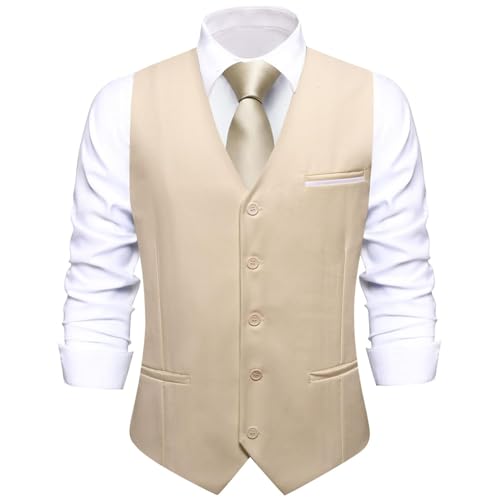Image of Hi-Tie Men's Formal Suit Vest Solid Fit Vest for Men 3 Pockets V Neck Waistcoat Business Wedding Casual
