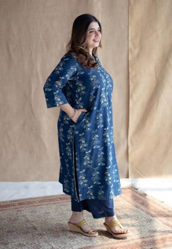 Image of Women's Indigo Blue Cotton Ethnic Co-Ord Set | Kurta Pant Set | Kurta Palazzo Set | Stylish Printed Suit Set for Women