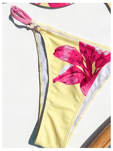 Image of RoseSeek Women's Floral Print Cheeky Bikini Sets Pearl Decor Halter Triangle High Cut String Thong Swimsuits