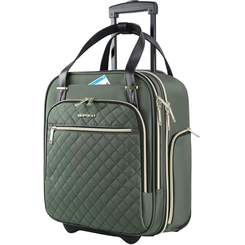 EMPSIGN Maleta de Cabina Sillón 16 Pulgadas Ligera, Bolso con Ruedas Multifuncional para Viajes y Trabajo, para Hombre y Mujer, Verde Militar con Cremalleras Doradas