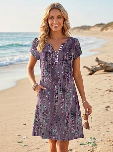 Image of Disamer Womens Casual Dresses Short Sleeve Summer Dresses 2026 Boho Floral Beach Sundresses Spring A-Line Dress with Pockets