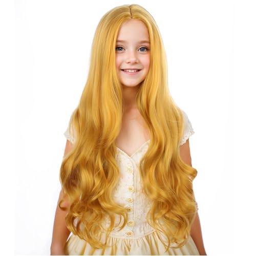 Image of PATTNIUM Gold Blond Wig for Kids Girls Long Wavy Curly Wig Yellow Wigs Synthetic Halloween Party Cosplay Wigs