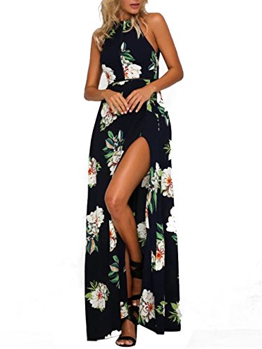 MissLook Women's Bohemian Halter Sleeveless Floral-Print Split Summer Maxi Dress - Navy Blue S