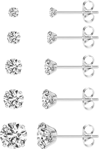 5 Pairs Extra Long Post Earrings 316L Stainless Steel Stud Earrings for Women Hypoallergenic Cubic Zirconia Ear Piercing Studs for Sensitive Ears 3-8mm