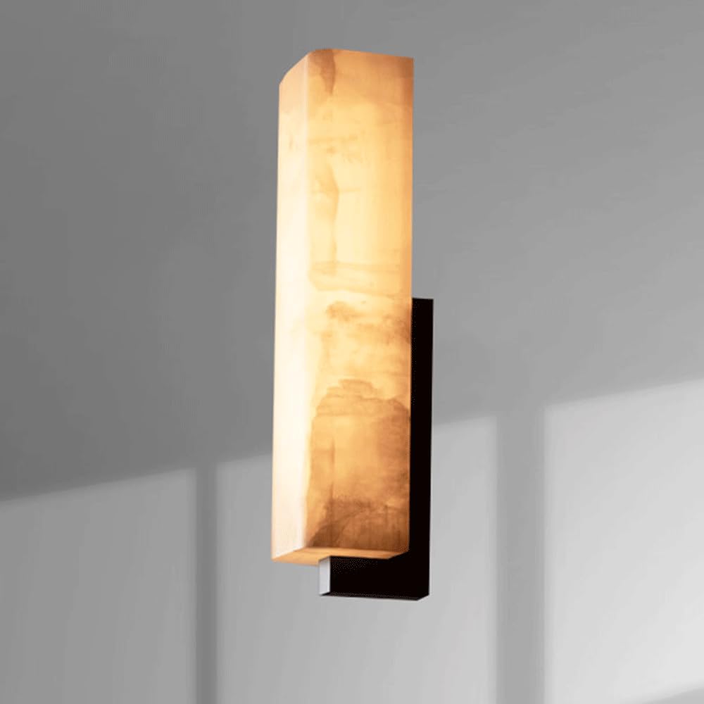 HUAYUSEDF Alabaster Wall Sconce 16.93In Natural Marble Lights Modern Black Square Lighting Hardwired Stone Vanity Light with 3000K Indoor Lamp for Stairs Hallway