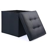 LotFancy Storage Ottoman, Foldable Foot Rest Stool, 13x12x12 Inches Small Leather Bench with Storage, Holds up to 260 lb, for Living Room, Bedroom, Dorm, Black