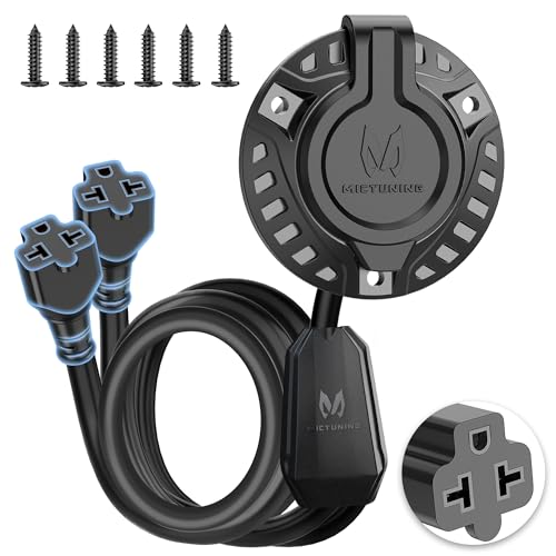 MICTUNING 20A 125V AC Port Plug, 12AWG Shore Power Inlet with 5-in-1 T-Blade Adapter Integrated Dual 20'' Extension Cord Waterproof AC Power Inlet Electrical Receptacle for RV Trailer Truck