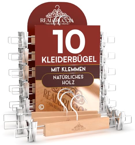 10 Kleiderbügel mit Klammern aus Holz 13x33cm Hosenbügel Röcke Jeans - RealGruccia Polierte Ausführung - 360° Drehbarer Haken aus Widerstandsfähigem Metall und Platzsparende Verstellbare Clips Stabil