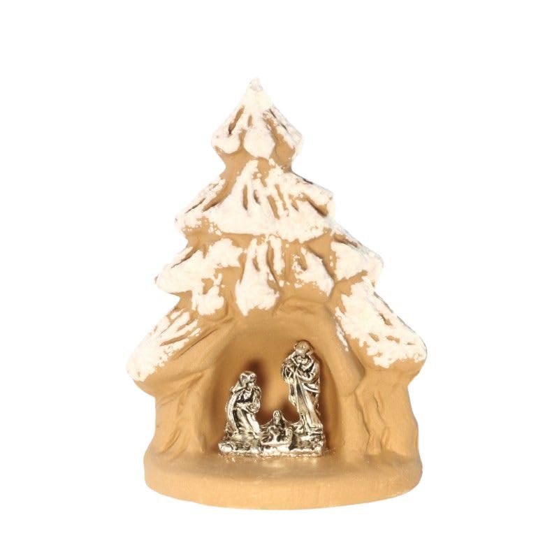 Palacio del Rosario Mini cuna de terracota bajo árbol cubierto de nieve - Decoración navideña - Culto cristiano en terracota