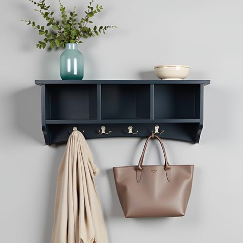 Image of Shaker Cottage Wall-Mounted Coat Rack with 3 Storage Cubbies and 4 Coat Hooks - 36 inch W x 9 inch D x 14 inch H Space-Saving Entryway Organizer or Mudroom Wall Shelf by Alaterre Furniture (Charcoal Gray)