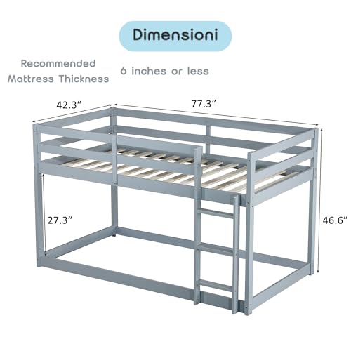 Bellemave Low Bunk Beds Twin Over Twin Floor Bunk Bed Frame Junior Loft Bed for Kids Boys Girls Teen (Grey)