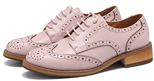 U-Lite Women's Perforated Lace-Up Wingtip Leather Flat Oxfords Vintage Oxford Shoes Brogues (8.5, Pink) #TOP2