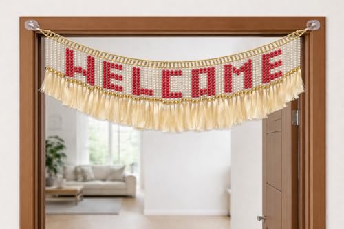 Image of Welcome Pearl Letter Door Toran | 3 Ft Decorative Bandhanwar with Tassels for Main Door, Mandir & Wedding Decor | Festive Home Entrance Hanging