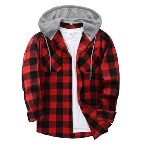 Men's Hoodie Shirts Casual Button Down Plaid Shirt Jackets for Men Long Sleeve Stylish Hooded with Pocket