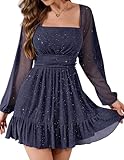 Bridesmay Glitter Sequin Cocktail Dresses UK for Women Wedding Guest,Square Neck Mesh Long Sleeve Casual Party Mini Dress (Navy,M)