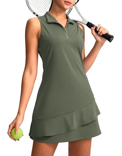 Tennis Dress for Women Golf Outfits with Shorts and Pockets Sleeveless Active Exercise Athletic Dresses for Women(Sage Green,L)