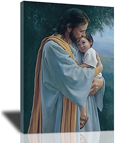 Jesus Christ Hugging Child Framed Canvas Wall Art Religious and Spiritual Art Print Poster Christian Never Leave You Artwork Wall Decor for Living Room Bedroom Office HD Prints for Home Decoration