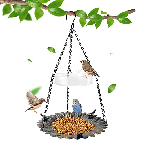 ERYTLLY Hanging Bird Feeder and Bath for Outside, Metal Wild Bird Feeder for Outdoors Garden Backyard Balcony Decor, Large Platform Bird Seed Water Feeders Tray, Bird Watching Gift, Antique Copper