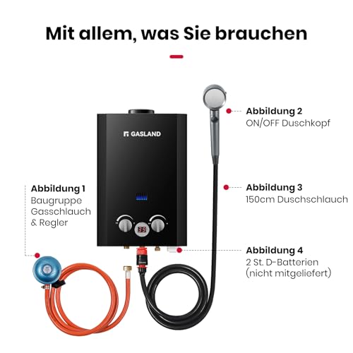 GASLAND BE264B 10L Gas Wasser Heizung, Freistehende Tankless Gasdurchlauferhitzer, Instant LPG Durchlauferhitzer, 30/37mbar,für Campingdusche Pferdedusche