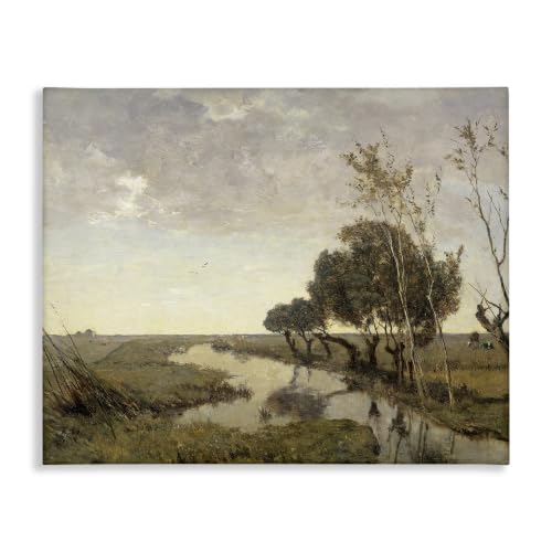 Classic Stream Animals Grazing, 16 x 20 Inch Canvas Wall Art