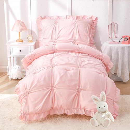 Image of Princess Toddler Bedding Set for Girls, 4 Piece Ruffles Jacquard Embroidery Toddler Bed Sheets with Boho Toddler Comforter, Fitted Sheet, Flat Sheet and Pillowcase, Pink