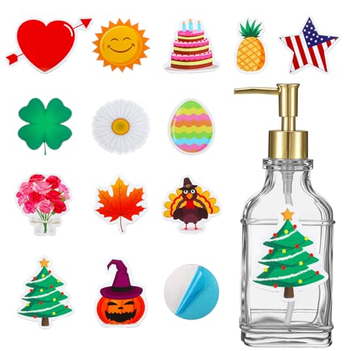 Teenyyou Seasonal Patriotic Soap Dispenser with 14 Interchangeable Seasonal Festival Magnets Glass Lotion 4th of July Fall Holiday Soap Dispenser for Farmhouse Kitchen Bathroom Accessories