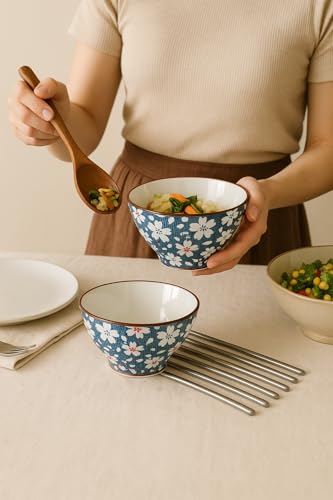 Image of YELONA Japanese Style Ceramic Bowls - 4.8 Inch (300ml), Set of 4 - Floral Design Rice /Noodle Bowls - Microwave & Dishwasher Safe, Ideal for Gifting Choice