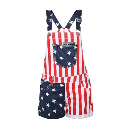 Yaguyuly American Flag Overalls Denim Bib Romper Independence Day Striped Stars Jumpsuit USA 4th of July Outfit for Men Women (Unisex Short Star Red M)