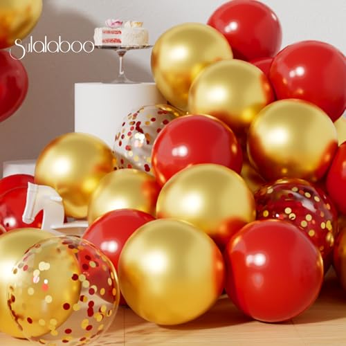 Image of Metallic Red and Gold Balloons 12Inch 73PCS Gold Red Confetti Latex Balloons Shiny Helium Balloon Set for Birthday Anniversary Graduation Party Decorations