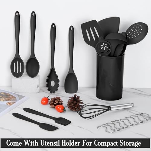 Onader Black Kitchen Utensils Set, 24 Pcs Silicone Cooking Utensils with 10 Hooks, Heat Proof Kitchen Tools Include Spatula Spoon Turner Tong for Non-Stick Cookware - Image 6