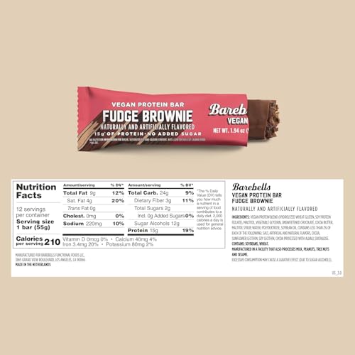 Image of Barebells Vegan Protein Bars Fudge Brownie, Plant Based with High Protein - Chocolate Protein Bars - Perfect on The Go Protein Snack & Breakfast Bars 24 Count (Pack of 1)