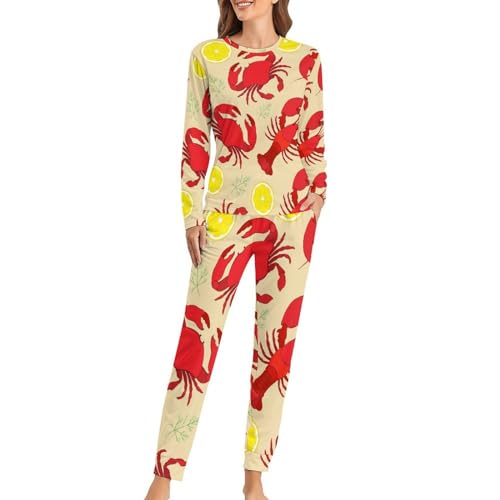 Pyjama femme homard rouge ensemble sleepwear t-shirt manches longues pantalon nuit