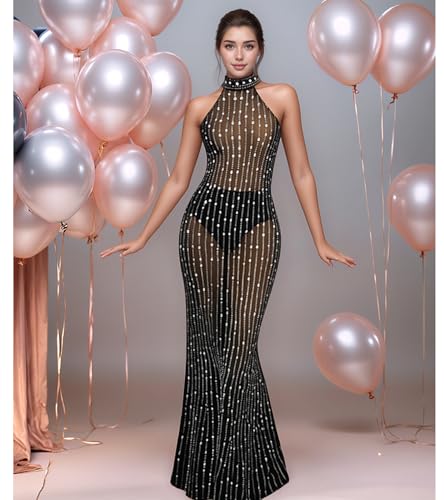 Image of Jigfar Women Sexy Elegant Rhinestone Mesh See Through Party Club Night Split Bodycon Formal Maxi Dress