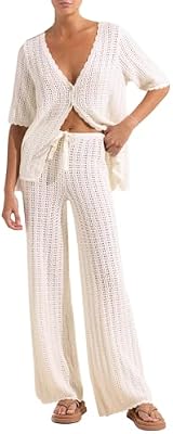 Imily Bela Women’s Summer 2-Piece Swimsuit Cover Up – Crochet Knit Cardigan Top & Long Pants Set