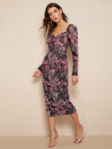 Image of LONDON BELLY Women's Poly Cotton Midi Bodycon Dress with Full Sleeves Sweet Heart Neck Printed Pattern Body Fitted and Calf Length | Women Midi Dress | Casual Party Summer for Womans