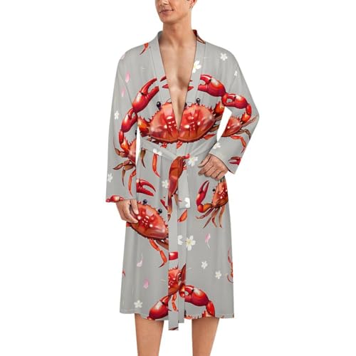 Seafood Marine Crabs Cherry Flowers Men's Robes Long Sleeve V Neck Bath Robe Printed Bathrobes Cozy Soft Sleepwear