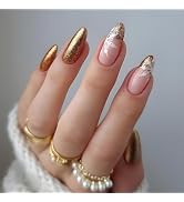 Snowflake Press on Nails Medium Gold French Almond Fake Nails, White Snow Gold Glitter Acrylic Na...