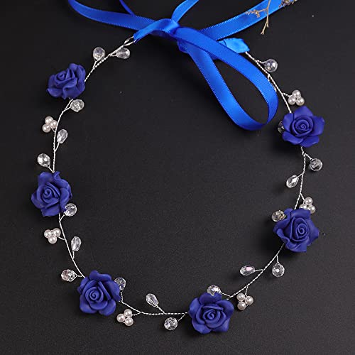 Teyglen Women Bride Wedding Blue Crystals Headband Hair Vine Handmade Bridal Navy Blue Flower Headband Wedding Hair Accessories For Brides Hair Pieces Girl Headpieces For Women And Bride #TOP4