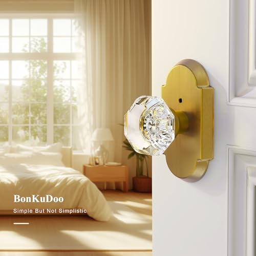 Crystal Door Knobs Interior, Antique Brass Door Knob with Lock, Glass Privacy Door Knob for Bedroom Bathroom 1 Pack by BonKuDoo - Image 2