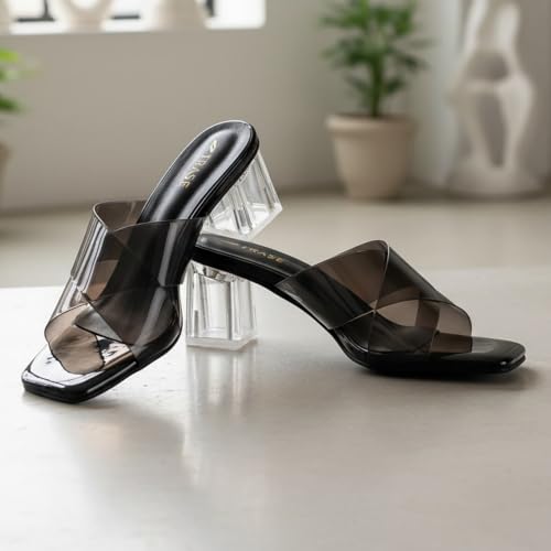 Image of TRASE Transparent Cross Strap Block Heels for Women Stylish | Fashionable Heel Sandals for Girls | Elegant & Formal Footwear