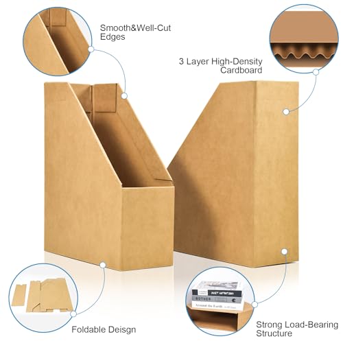 Marte Vanci Stehsammler A4, 3 Stück Zeitschriftensammler Karton Schreibtisch Ordner Organizer Faltbares Aufbewahrungsregal mit Beschriftungsetikett für Büro Zuhause Schule Papierkram Buch Organisation